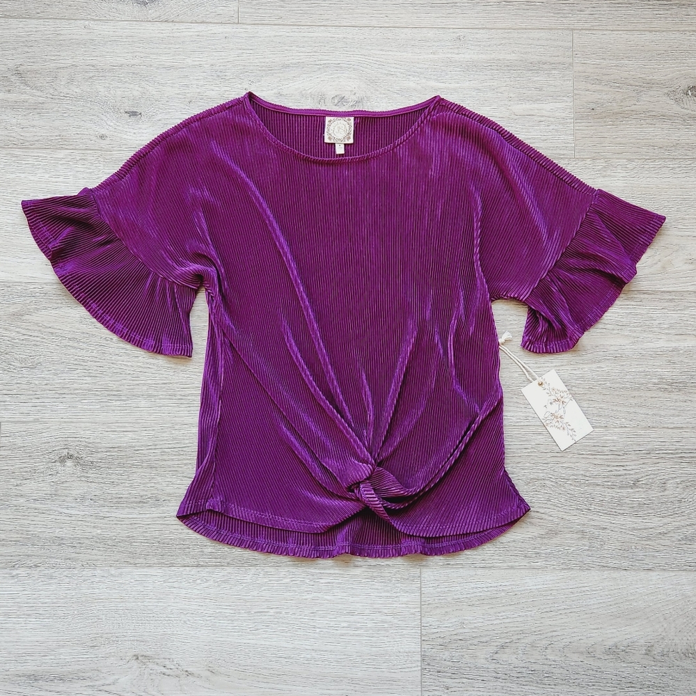 Tru Self Purple Ruffle Sleeve Top Womens Small Front Tie Ribbed Nwt